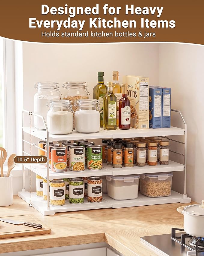 EVERIE Extendable 3-Tier Kitchen Cabinet & Pantry Organizer for Plastic Wrap, Foil & Storage Bags, Adjustable Heavy Duty Shelf Rack for Wrap Boxes, Jars & Snack Boxes (11–16.7 in Wide), Pack of 1
