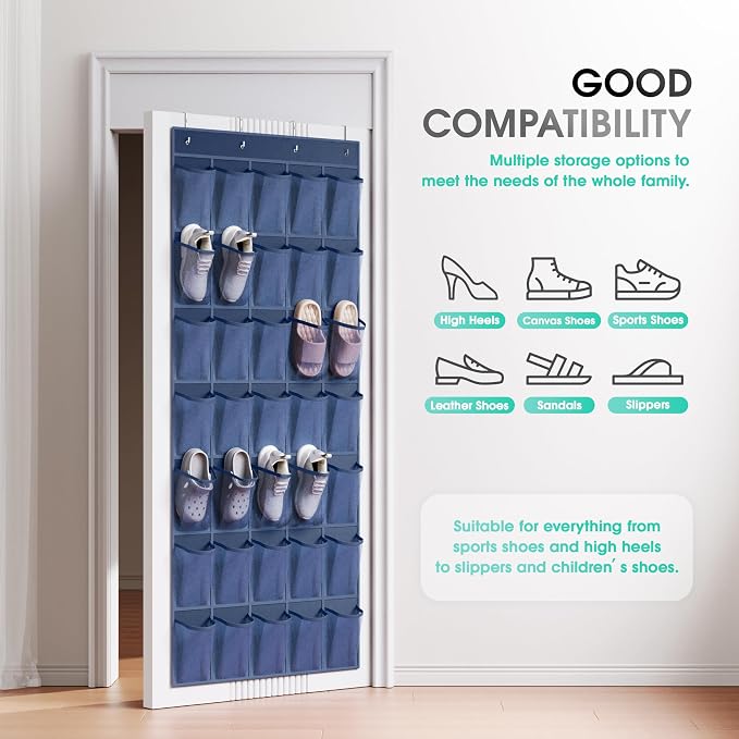WVM Over the Door Shoe Organizer with 35 Breathable Mesh Pockets, Hanging Shoe Organizer for Door with 4 Metal Hooks, Large Capacity Closet Storage for Shoes, Accessories