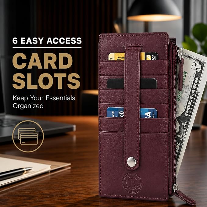 Leatherboss Genuine Leather Women's All in One Credit Business Card Case Holder Slim Zipper Wallet With a Card Protection Strap, Wine