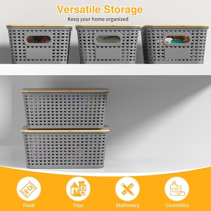 Plastic Storage Baskets with Bamboo Lids and Labels, Stackable Storage Containers, Storage Bins for Organizing Shelves Drawers Desktop Closets Office, 6 Packs-Gray