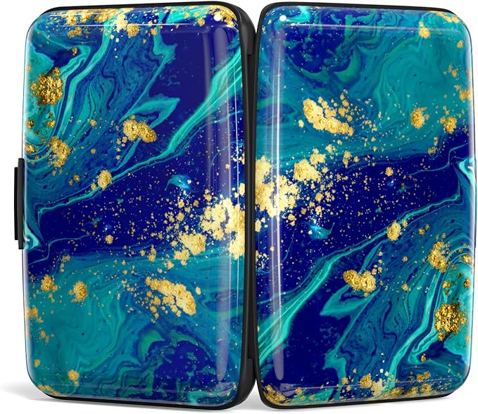Credit Card Holder for Women, Small RFID Metal Credit Cards Wallets Cute Business Card Holder Pocket ID Case, Blue Green Marbling