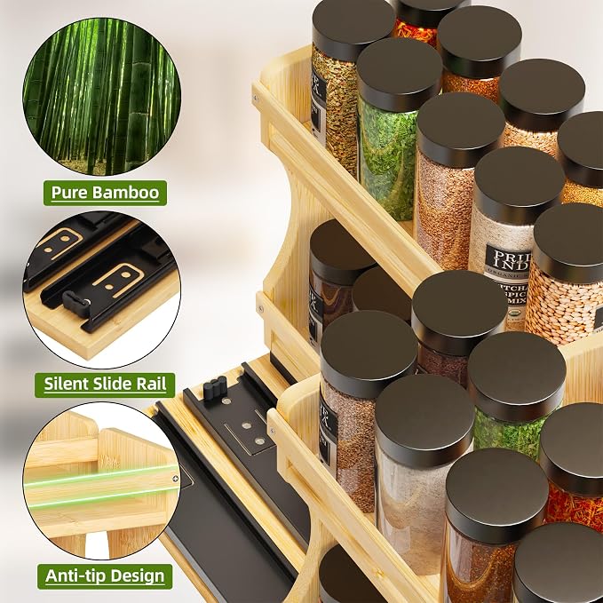 BAMEOS Pull Out Spice Rack Organizer for Cabinet, Bamboo Wide 9" Slide Out Seasoning Organizer for Kitchen, No Drill Anti-Tip Ball Bearing Silent Glides, Pantry Cabinet Organizer, Natural