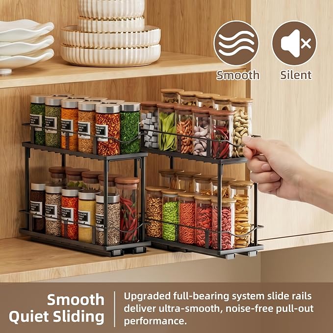 Bunoxea Pull Out Spice Rack 2 Pack,Slide Out Cabinet Spice Rack,Black | 2-Tier Rack, Full Extension Ball Bearing Glides, 10.7"Dx4.8"Wx8.85"H, Kitchen Pantry,Narrow Cabinet Spice Storage Organizer