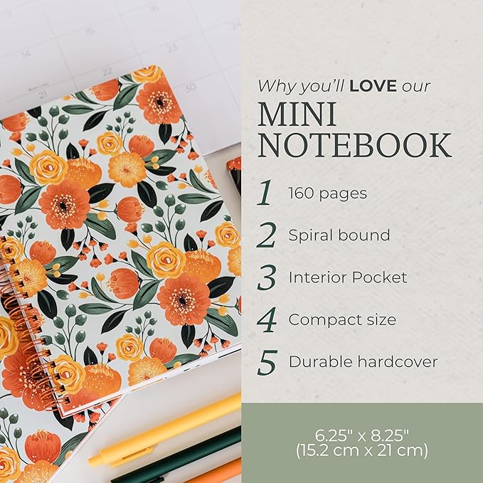 Steel Mill & Co Cute Mini Spiral Notebook, 8.25" x 6.25" Journal with Durable Hardcover and 160 Lined Pages, Orange Floral