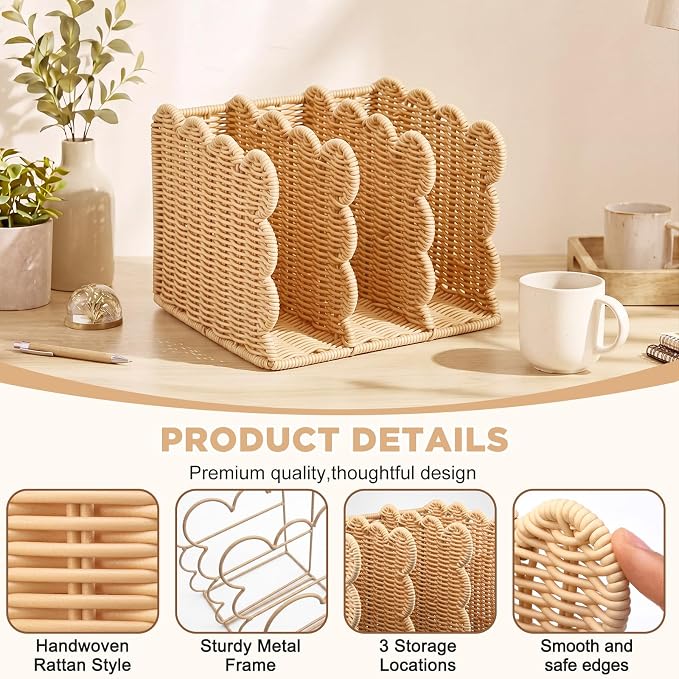 Suzile Scalloped Woven Magazine File Holder, 3-Compartment Imitation Rattan Desk Organizer Vertical Bookends Organization for Office, Binders, Documents, Tablets, Books(8.46 x 7.28 x 6.5 Inches)