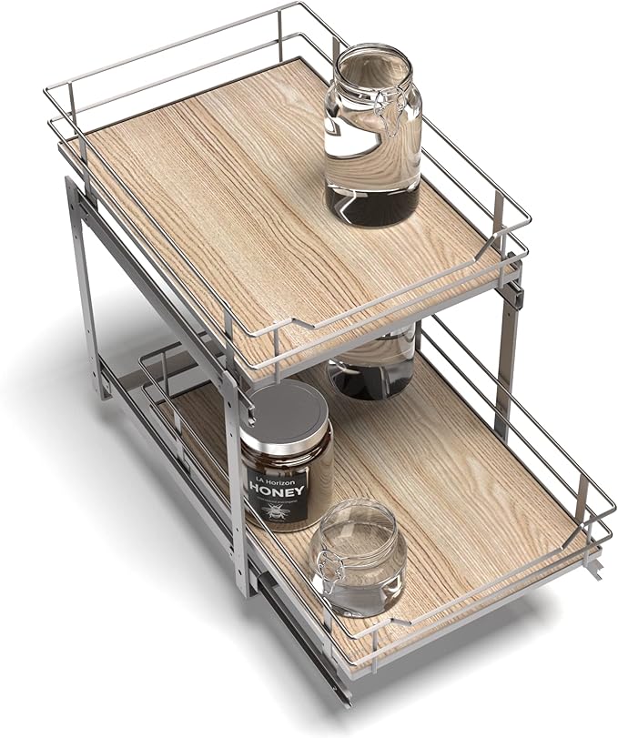 Home Zone Living Pull Out Kitchen Cabinet Organizer with 2 Tiers of Storage for Easy Access, 15”W x 20”D, Satin Nickel with Light Brown, Virtuoso Collection