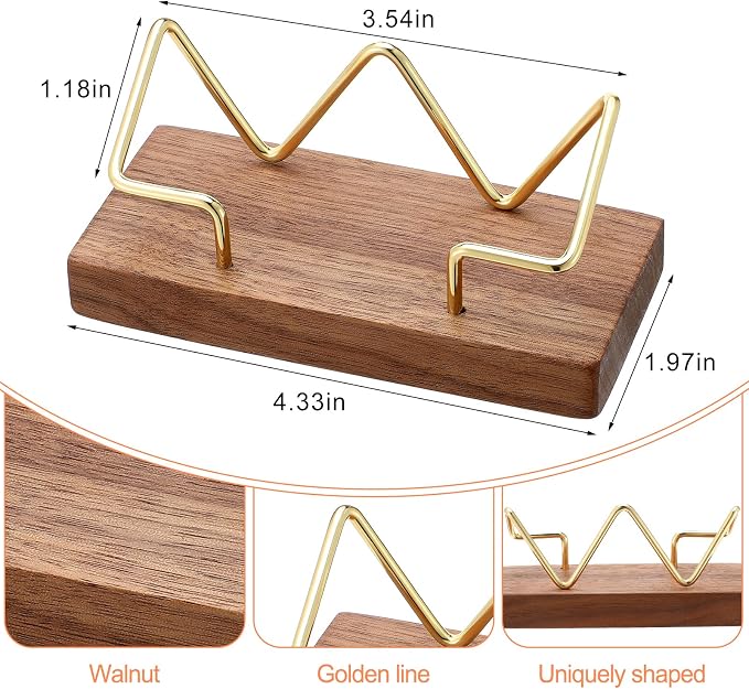 Amyhill 2 Pieces Wood Business Card Holder for Desk Wooden Business Card Display Stand Postcard Holder for Office Home Desktop (Wood Color, Gold)