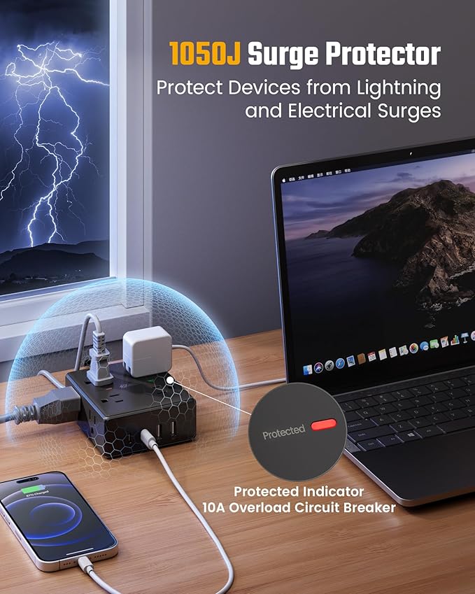 SUPERDANNY Extension Cord,Flat Plug Surge Protector Power Strip,20Ft | 8 AC & 4 USB Ports (2 USB C),Surge Protector with 1050J,Desk Charging Station for Home Office,College Dorm Room Essentials