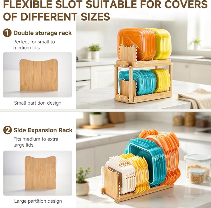 YIGII 2-Tier Bamboo Container Lid Organizer with Dividers for Cabinet | Natural Bamboo, Moisture-Resistant, Removable Dividers, 2-Tier or Separate, for Drawers Countertops, Fits Small to Large Lids