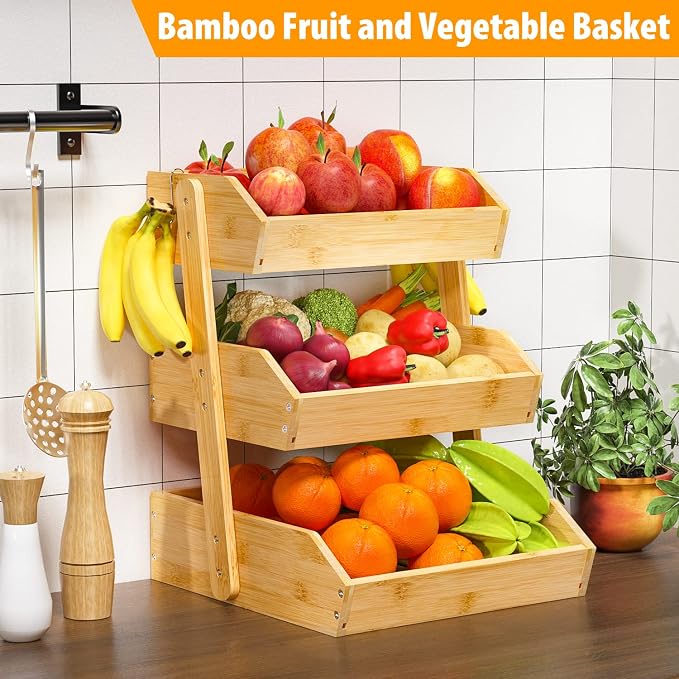 Gmtsl Bamboo Fruit Basket for Kitchen, Fruit Holder for Kitchen Countertop | 3 Tier Fruit bowl for Kitchen Counter, Fruit Stand, Vegetable Basket Storage, Produce Organizer, Bread Snack Display(Bamboo)