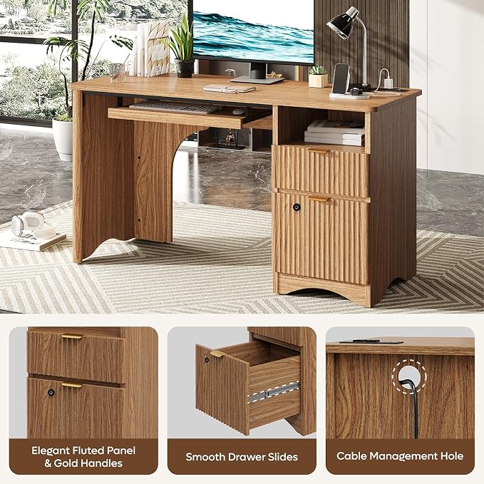 Bestier 55" Office Desk with Locking File Drawer & Charging, Brown | Partitioned Storage & Cable Management,Oak,Easy Assembly,Smart Fingerprint Drawer Lock,Wear-Resistant Easy-Clean Desktop