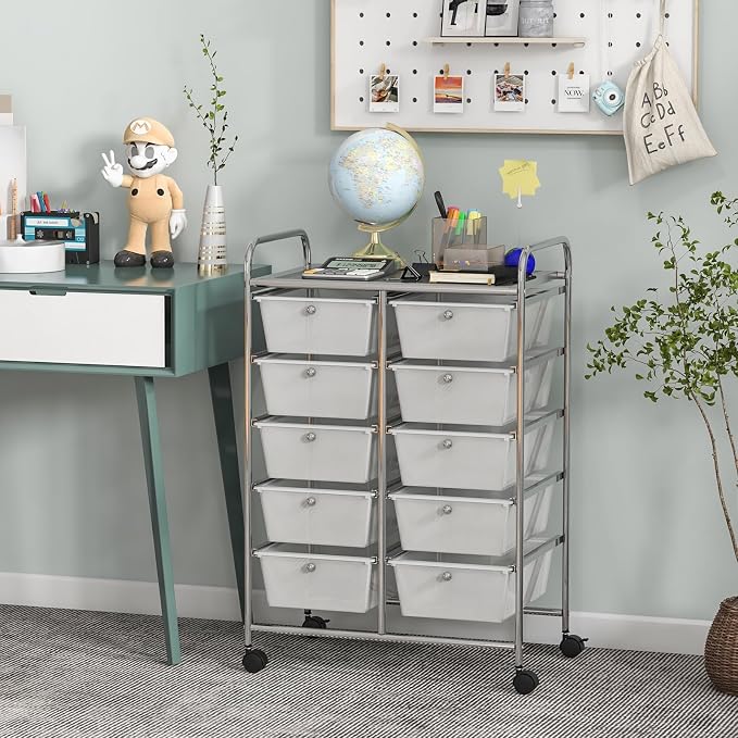 Moccha 10-Drawer Rolling Storage Cart - Under Desk Storage Drawers with wheels for Craft Art Supply Paper Salon, Scrapbook Paper Tools, Mobile Utility Cart for Classroom, Clear