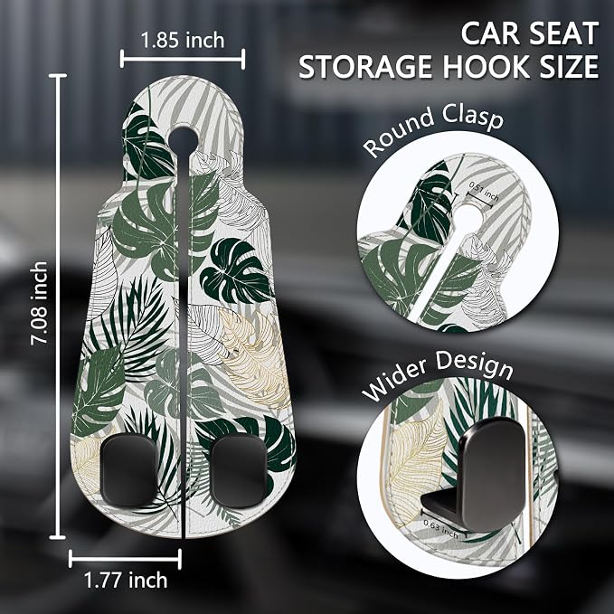 Blusabaca 2PCS Car Seat Headrest Hooks, Purses Bags Holder, Tropical Leaf | PU Leather, Double Metal Back Storage Hangers for Grocery Bags Handbags Bottles Coats Phones, Car Accessories Organization