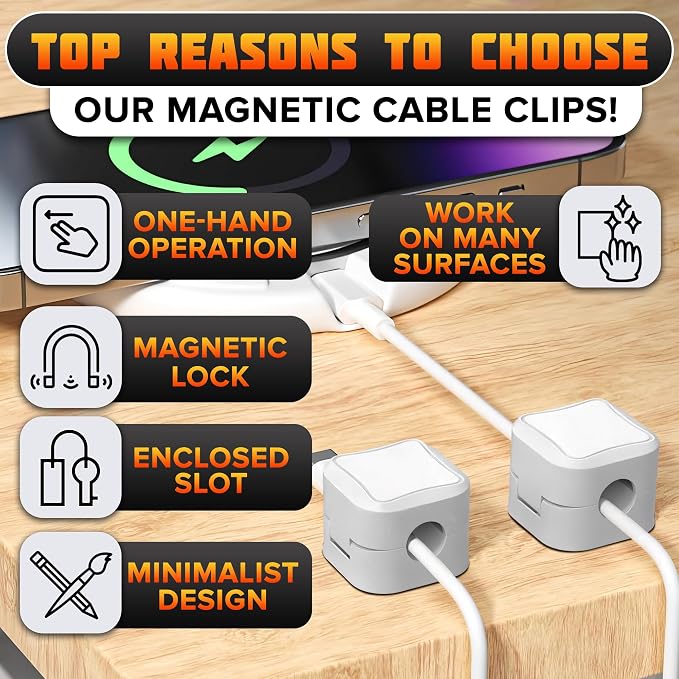 12 Pack Magnetic Cord Organizer White – Fast Locking System Cable Management for Desk, Nightstand & Car, Strong Adhesive Wire Clips, USB Cable Organizer, Phone Charger Cord Holder for Organized Spaces