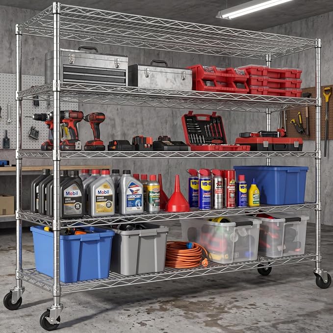 48" W Garage Shelving with Wheels Storage Shelves 5 Tier Wire Shelving Adjustable Metal Storage Shelves for Garage, Basement, Warehouse, Commercial, Industrial, 48" W x 81" H x 24" D 3Pack