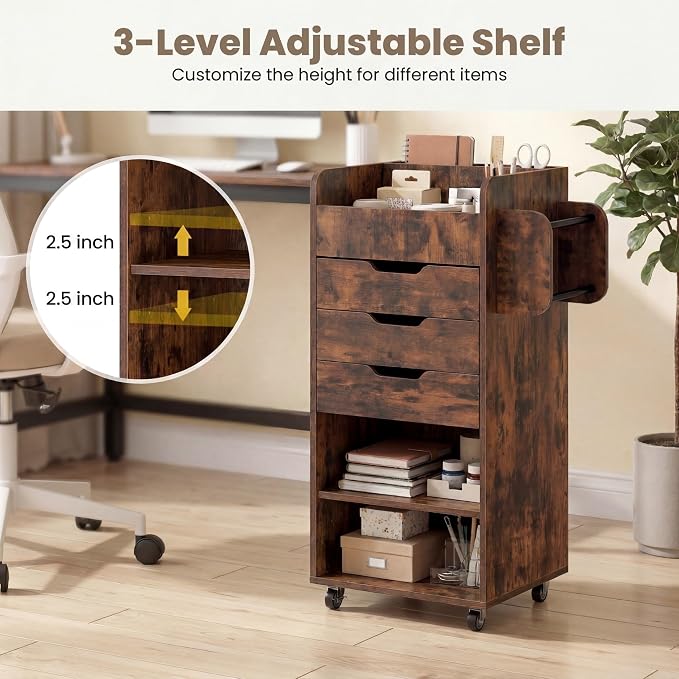 Tangkula Rolling Storage Cart with Drawers, Industrial Aesthetics Organizer Cart w/Lockable Casters, Makeup Utility Cart w/3 Shelves, Slots & Dowels, Storage Cabinets on Wheels, Home Office Craft Cart