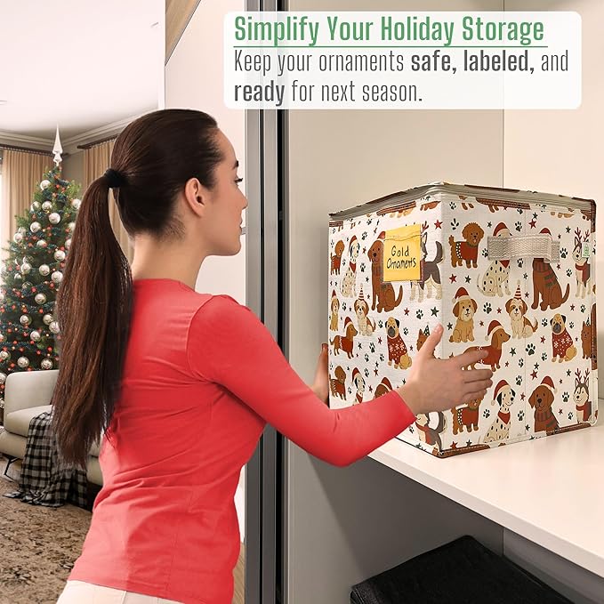 VENO 2 Pack Christmas Ornament Storage Box, Stores up to 64 Holiday Ornaments, Adjustable Dividers, Zippered Top, Storage bins with lids for holiday decorations-3 Inch Cube Compartments (Holiday Pups)