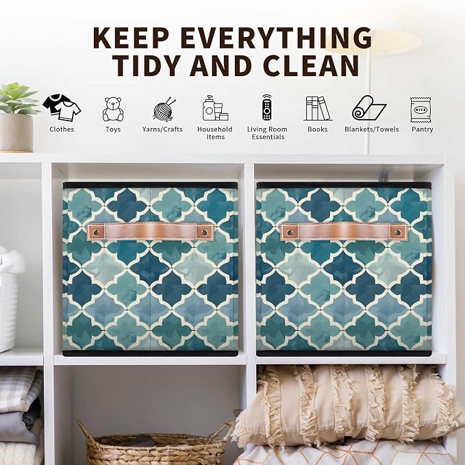 Retro Morocco Tile Closet Storage Bin, Foldable Storage Baskets for Shelves, Decorative Shelf Organizer Geometric Fabric Cube Bin for Living Room Bedroom Home Dorm