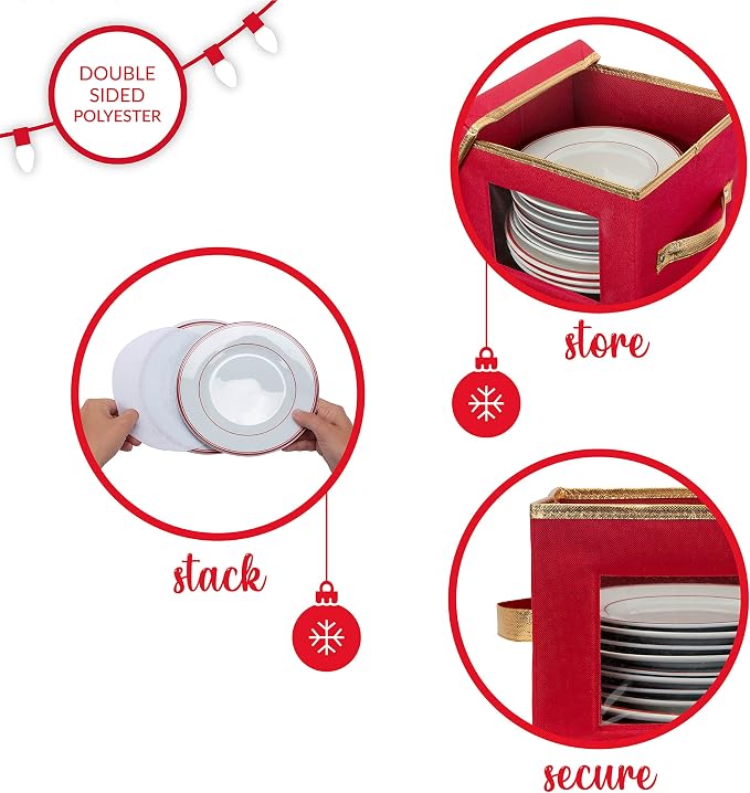 Simplify Holiday Salad Plate Dinnerware Storage Box | 9.45 Inch | Christmas China | 12 Felt Dividers | Tableware Setting | Red