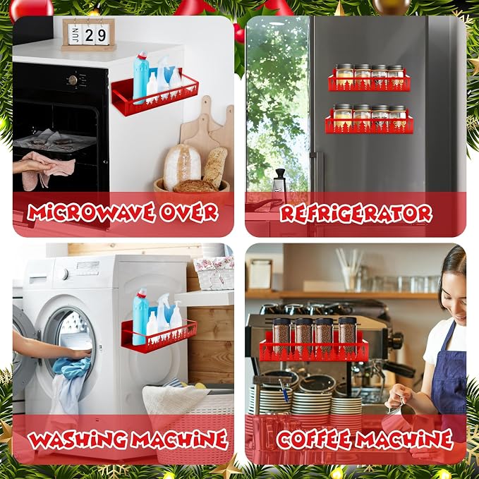 JarThenaAMCS 2Pcs Christmas Magnetic Spice Rack for Refrigerator Red Xmas Tree Metal Basket Shelf Seasoning Storage Organizer Holder for Home Kitchen Fridge Decor Accessories