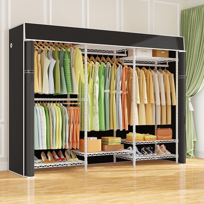 Ulif E13C Heavy Duty Closet Organizer System，Freestanding Clothing Racks for Hanging Clothes，Adjustable Garment Rack 63" W x 16" D x 77" H Hold 960 lbs，White Clothing Rack with Black Dustproof Cover