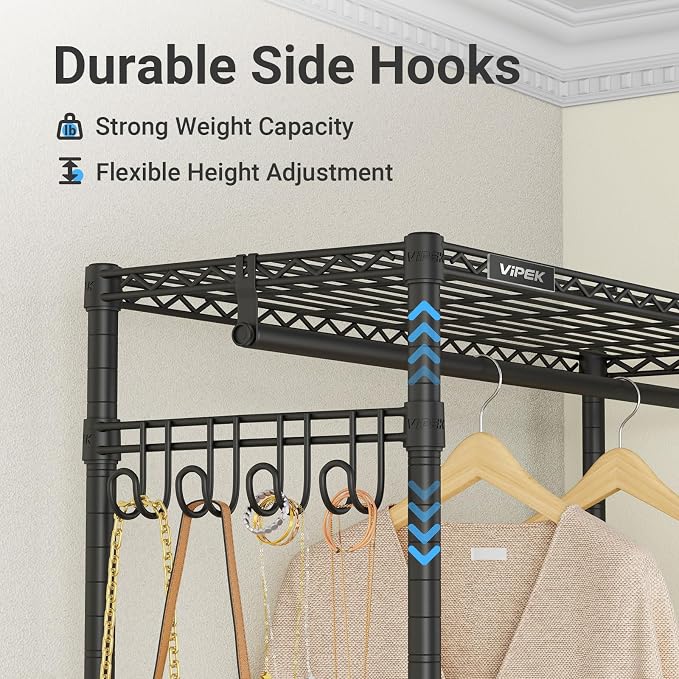 VIPEK R3C Rolling Clothes Rack With Cover Portable Closet for Hanging Clothes, Heavy Duty Garment Rack Freestanding With Wheels & Side Hooks, Black With Upgraded Polyester Cover