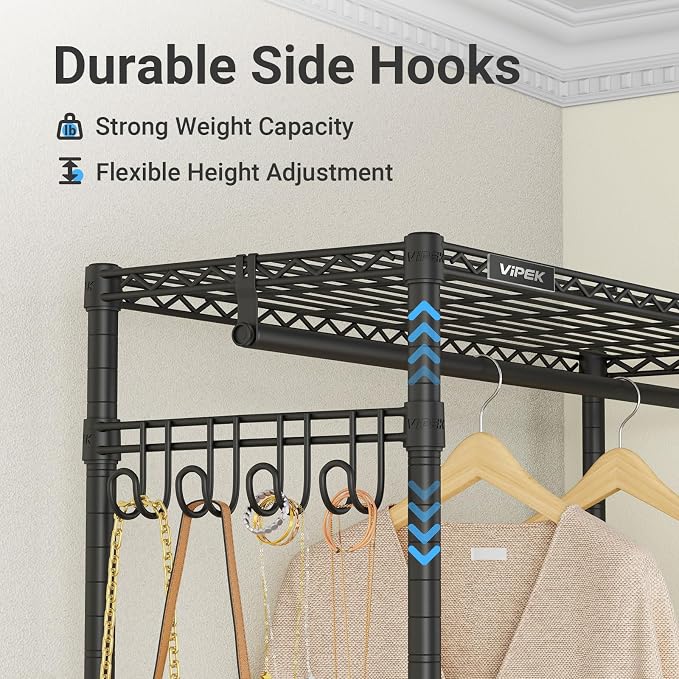 VIPEK R3 Medium Rolling Clothes Racks with Lockable Wheels, Heavy Duty Garment Rack with Adjustable Shelves & Hanging Rod & Side Hooks, Compact Space-Saving Storage for Small Apartments/Dorms (Black)
