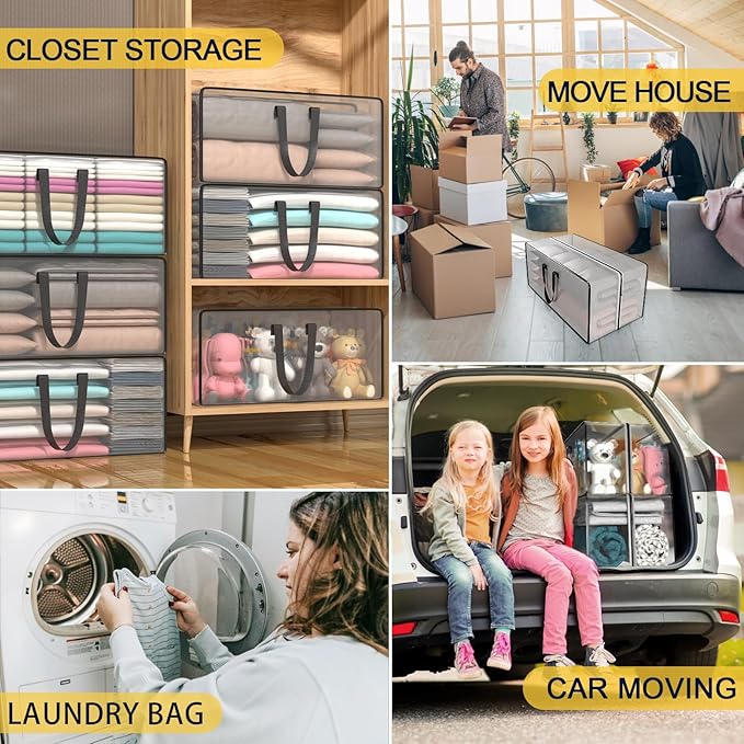 Clear Storage Bags with Zipper, Large Moving Bags Heavy Duty Extra Large, Plastic Storage Totes for Clothes, College dorm Packing Bag with Strong Handles