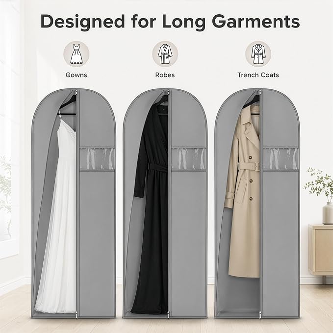 Kimmama Dress Bags for Gown, Garment Bag for Long Trench Coat, 23.6" x 65" | PEVA Clothes Cover, For Bridesmaid, Ball, Wedding Gown, Clear Windows, Dustproof, Keep Dry, Travel, 3 Pack
