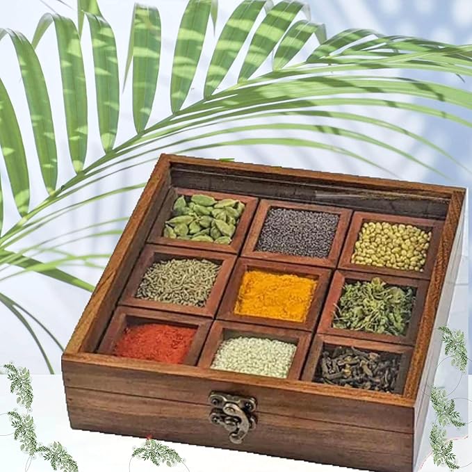 Wooden Spice Box with Glass Lid - Decorative Masala Dabba Organizer with Spoon, 9 Removable Compartments Spice Storage Container Ideal for Seasonings & Herbs Perfect for Gift (9x9 Inch)