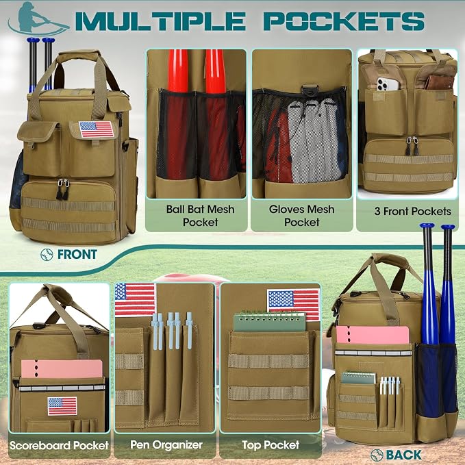 RAINSMORE Baseball Bucket Bag Baseball Coaches Accessories Organizer with Insulation Pocket Tactical Softball Bag with Anti-Slip Bottom, Multiple Pockets for Bat, Gloves, Scoreboards