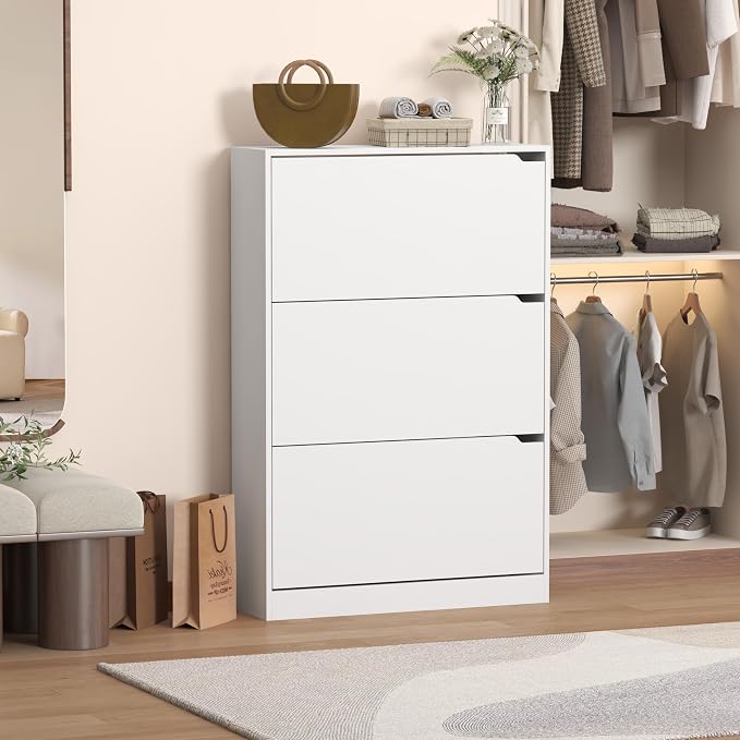 Wodeer Narrow Shoe Cabinet for Entryway, Slim Shoe Storage Cabinet with 3 Flip Drawers, Hidden Wood Shoe Cabinet Storage, Freestanding Shoe Rack Organizer Foyer, Hallway, White