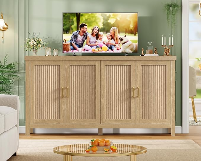 usikey 63" Buffet Cabinet with Storage, Fluted Sideboard Cabinet with 4 Adjustable Shelves, Modern Coffee Bar with 4 Doors, Coffee Bar Cabinet for Kitchen, Living Room, Natural