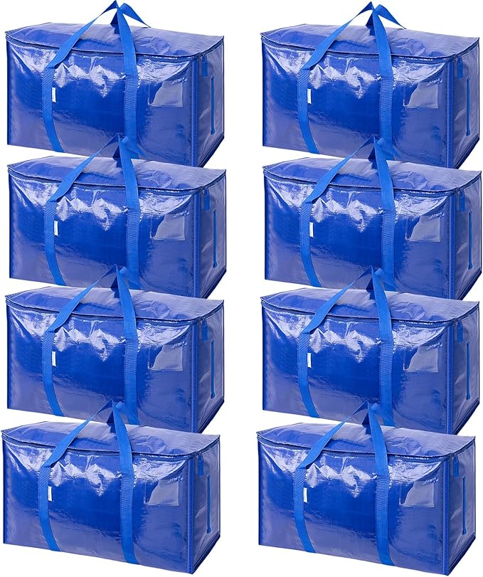 TICONN 8 Pack Extra Large Moving Bags with Zippers & Carrying Handles, Heavy-Duty Storage Tote Moving Boxes for Space Saving (8 PK, 30 Gallon)