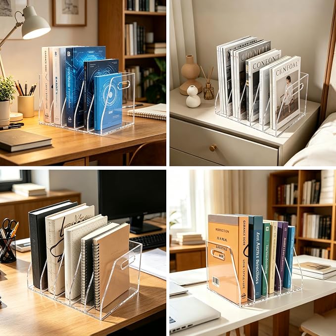 Acrylic Magazine File Holder with Carrying Handle, 5 Vertical Compartments Desk File Organizer, Clear File Sorter for Office, Magazines, Books, B5 Size