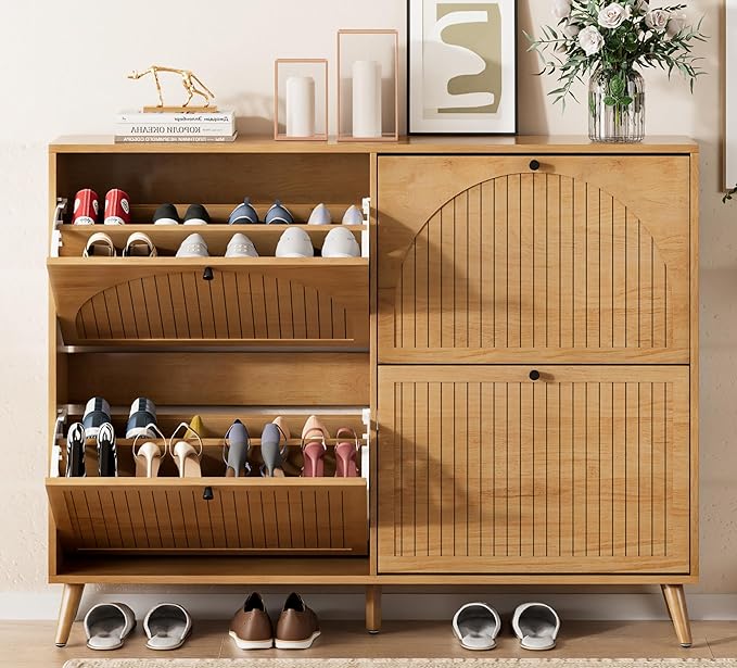 Fsbecl Shoe Storage Cabinet for Entryway with 4 Flip Drawers, Narrow Shoe Organizer with Fluted Panel, Freestanding Wood Hidden Shoe Cabinet (Wood Color, 4 Flip Drawers)