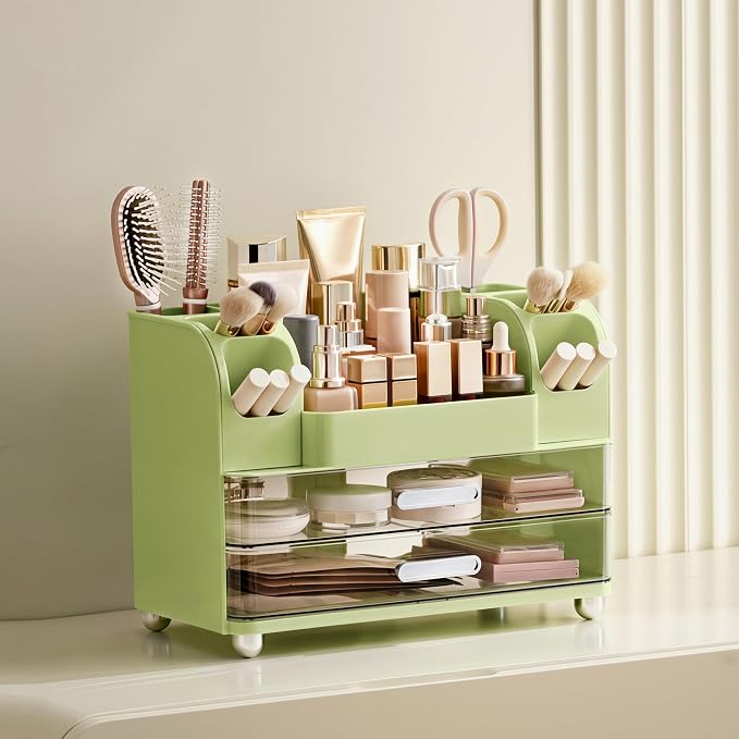 HBlife Makeup Organizer for Vanity with Brush Holder, Large Bathroom Countertop Cosmetic Organizer Skincare Storage, Easy to Store Lipsticks, Nail Polishes, Perfumes, Eyeshadow Palettes, Avocado Green