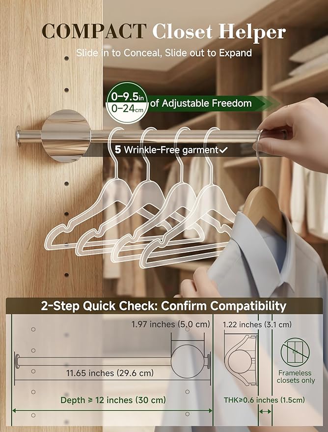 INMAKER Valet Rod for Closet Slide out | Pull out to 9.5" Hanger Rod for ≥12" Deep Closet, Polished Gold, 1 Pack