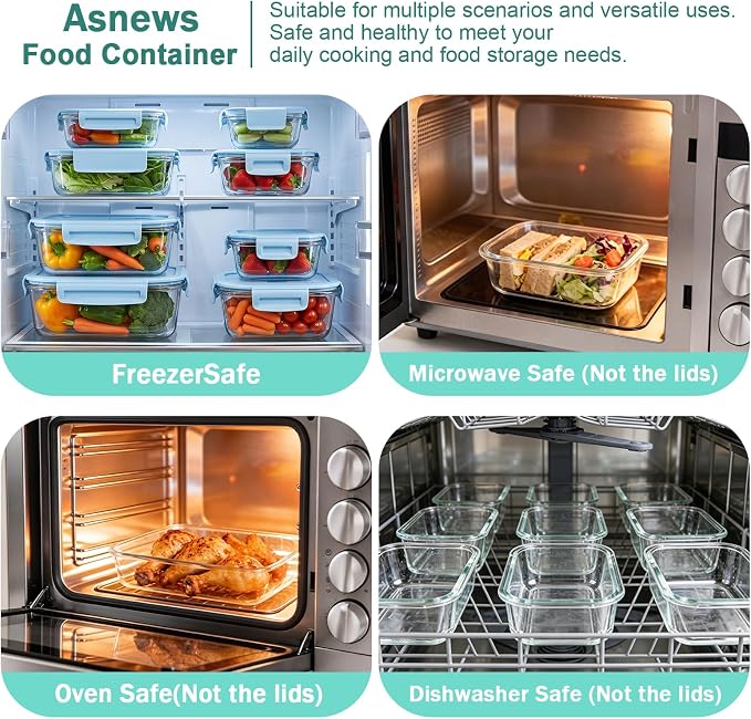 8 Pack Glass Meal Prep Containers with Lids, Glass Food Storage Containers with Snap Locking Lids, Airtight Lunch Containers for Microwave, Oven, Freezer and Dishwasher BPA Free (LightBlue)