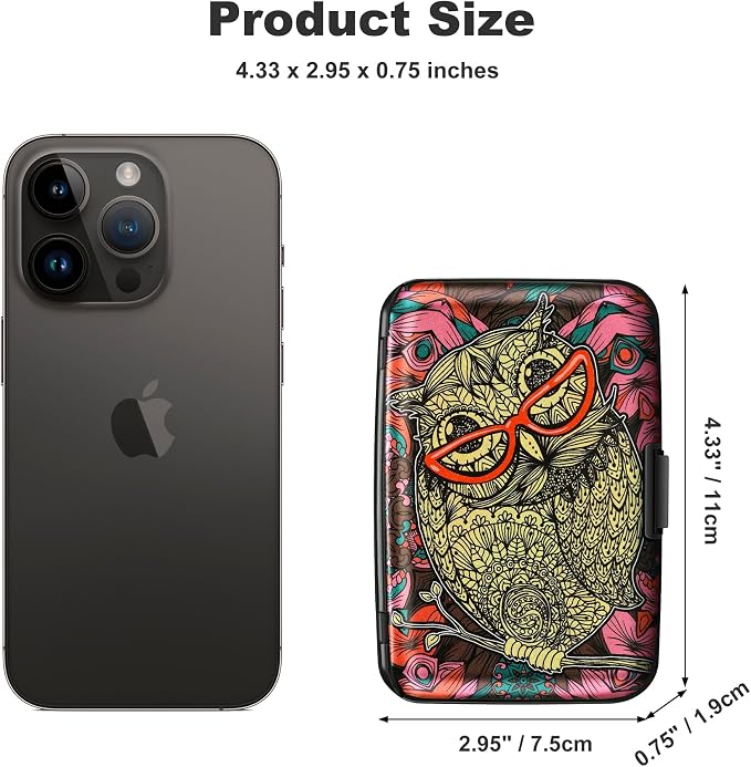 ELFISH Mini RFID Aluminum Wallet Credit Cards Holder Business Card Case Metal ID Case for Men Women(Cute Owl)