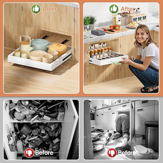 1 Pack Pull out Cabinet Organizer, Width (10"-16") Depth (17"-25"), with 3 Rails Adjustable Slide, Expandable Pullout Drawers for Cabinets, No Drill Adhesive Kitchen Drawers for Pantry Shelves