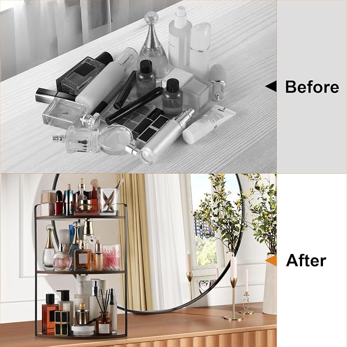 3 Tier Corner Bathroom Counter Organizer, Countertop Organizer, Makeup Organizer Countertop, Bathroom Storage Sink Shelf, Wooden and Metal Counter Shelf (Gray Brown)