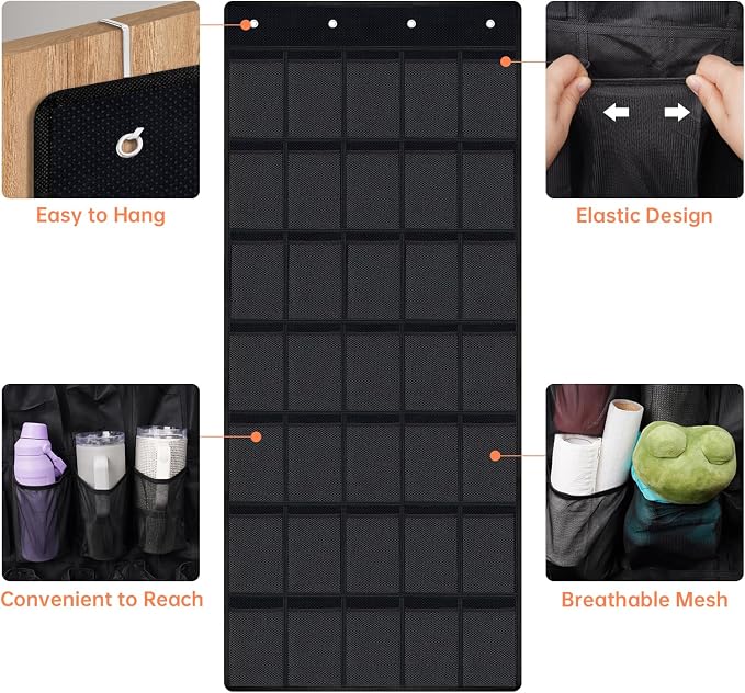 NiHome 35 Pockets Door Hanging Cup Organizer Fit for Stanley Tumbler, Black | Large Capacity Over the Door Water Bottle Organizer in Kitchen, Pantry, Classroom, Elastic Mesh Secure Storage Cup Holder