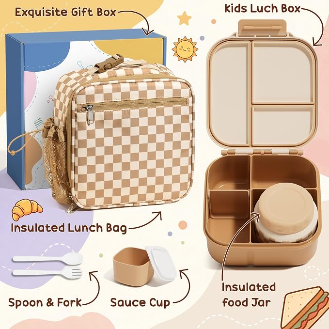 Fimibuke Kids Bento Lunch Box w/ 8.5oz Thermo Food Jar, Insulated Lunch Bag | Leak Proof 3-4 Compartments 60oz Toddler Lunch Food Container with Utensils, Sauce Cup for School Boys Girls, Dishwasher Safe