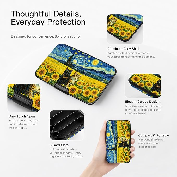 Credit Card Holder RFID Aluminum card case Cat Flowers mini Wallet Women | ABS Business ID Case,Hard Case Large Capacity 6 Slots, Waterproof Durable ，Secure Closure Slim Small Credit Card Protector