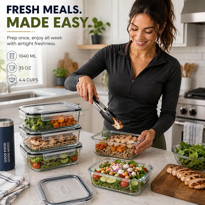 Sorbus Glass Meal Prep Containers Set – Freezer, Dishwasher, Oven Safe – Reusable Food Storage Bowls, 4 Cup Capacity for Meal Prep and Storage (4 Rectangular Vented Lid)