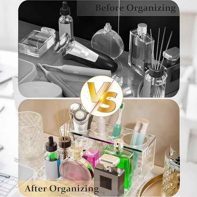 Glass Bathroom Accessories Set 5Pcs Crystal - Foaming Soap Dispenser, Soap Dish, Cup, Acrylic Toothbrush Holder with Tray Organizer, Qtip Jar, Bathroom Counter Set Sink Decor (Clear)