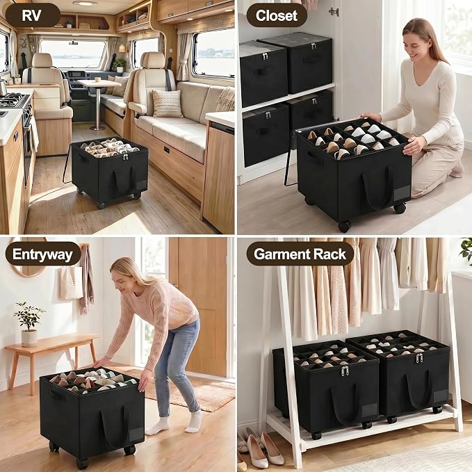 2 Pack Large Shoe Organizer for Closet, 32 Pairs Shoe Storage Box with 360° Wheels & Reinforced Handles, Adjustable Dividers, Clear Cover, Side Pocket, Foldable Oxford Fabric Bin for Entryway, Black