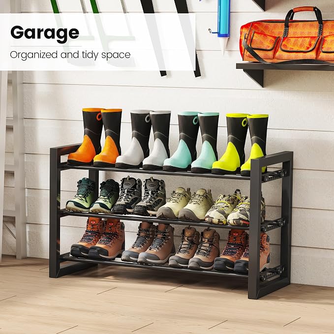 Homeiju Expandable Shoe Rack, 3 Tier Metal Shoe Shelf, Adjustable Shoe Stand for Sneakers, Boots, Heels, Heavy-Duty Steel Standing Shoe Organizer for Entryway, Closet, Bedroom, Black