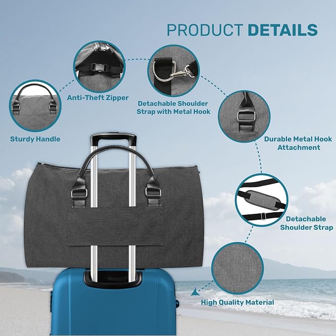 Convertible Garment Duffel Bag for Travel, Large Carry On Weekender Bag with Hanging Clothes Feature, Overnight Travel Duffle Bag for Women with Shoe Compartment (Gray)